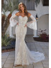 Beaded Lace Tulle Bohemian Wedding Dress With Detachable Sleeves Straps
